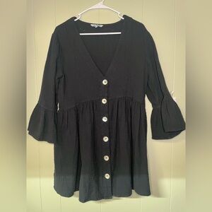 Black Button-Down Ruffled Dress with Flared Sleeves by Blue Island